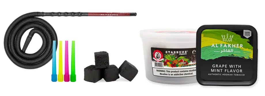 Manguera desechable Al Fakher junto con puntas de boca de manguera, un kilo de tabaco para shisha Al Fakher, un kilo de tabaco para shisha Starbuzz y trozos de carbón para narguile