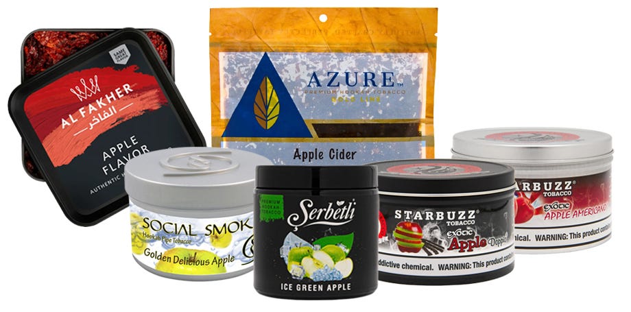 Variedad de envases de shisha a base de manzana.