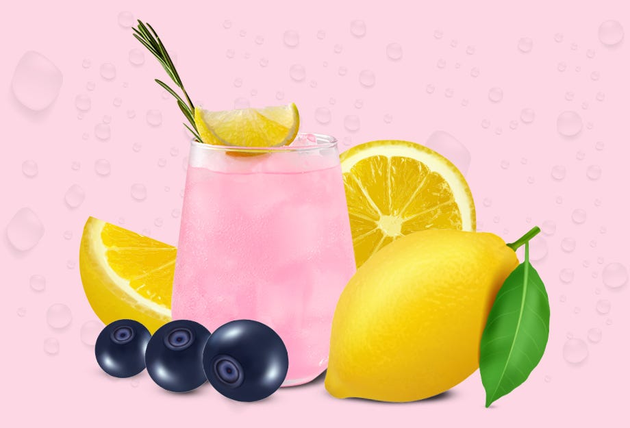 limones y arándanos con vaso de limonada rosa