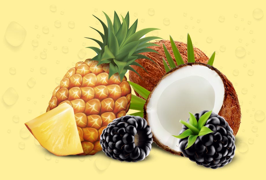 piña, arándanos y coco
